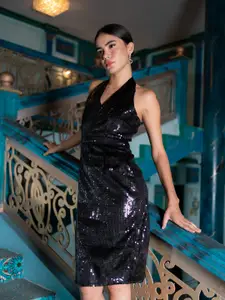 Stylecast X Hersheinbox Sequinned Halter Neck Sheath Dress with Cut-out Back Detail