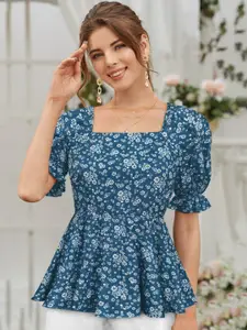 KALINI Floral Printed Square Neck Puff Sleeve Peplum Top