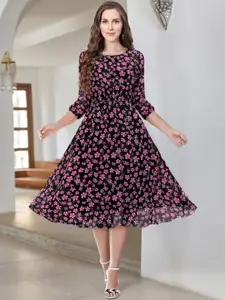 KALINI Floral Printed Puff Sleeves Georgette Fit & Flare Midi Dress