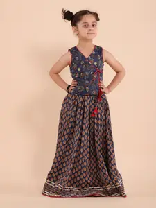 Sangria Girls Blue Floral Printed Gotta Patti Pure Cotton Round Neck Lehenga Choli