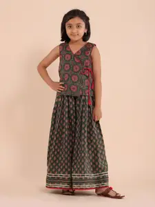 Sangria Girls Green Floral Printed Gotta Patti Pure Cotton Round Neck Lehenga Choli