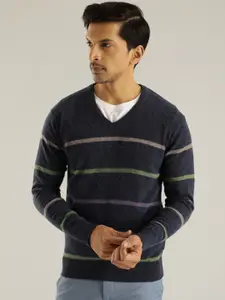 Indian Terrain V Neck Long Sleeves Striped Woollen Pullover Sweater