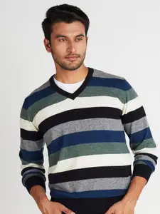 Indian Terrain V Neck Long Sleeves Striped Woollen Pullover