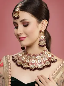 PANASH Gold Plated Kundan Studded & Beaded Necklace And Earrings With Maang Tika