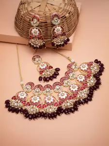 PANASH Gold Plated Kundan Studded & Beaded Necklace And Earrings With Maang Tika