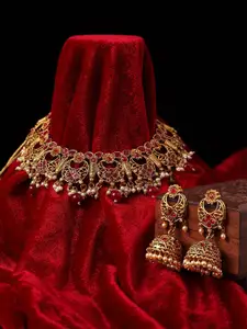 PANASH Gold-Plated Stones Studded & Beaded Necklace And Earrings