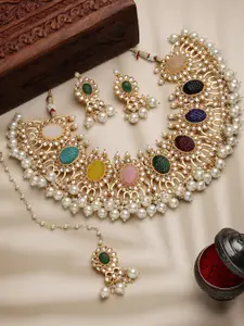 PANASH Gold-Plated Kundan Studded & Beaded Necklace And Earrings With Maang Tika