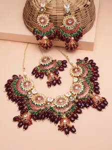 PANASH Gold-Plated Kundan Studded & Beaded Necklace And Earrings With Maang Tika