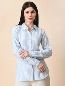 HERE&NOW Blue Standard Striped Cotton Spread Collar Curved Formal Shirt