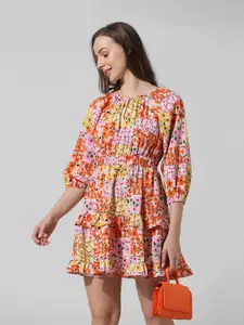 ONLY Floral Printed Puff Sleeves Gathered Ruffled Fit & Flare Dress
