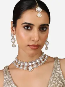 Zaveri Pearls Gold-Plated Austrian Diamond-Studded Necklace And Earrings With Maang Tika