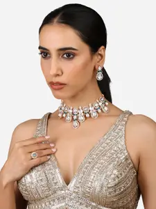 Zaveri Pearls Gold Plated Austrian Diamond-Studded  Necklace And Earrings With Finger Ring