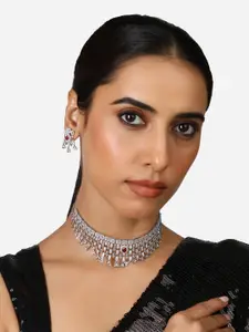 Zaveri Pearls Silver-Plated Cubic Zirconia Stone Studded Necklace And Earrings