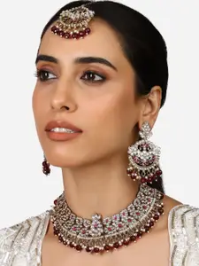 Zaveri Pearls Gold-Plated Kundan Studded & Beaded Necklace And Earrings With Maang Tika