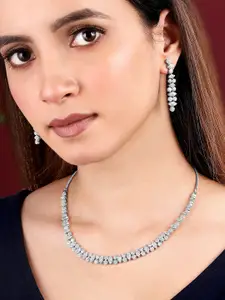 Peora Silver Plated Cubic Zirconia Studded Necklace & Earrings