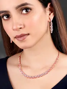Peora Rose Gold-Plated Cubic Zirconia Stone Studded Necklace & Earrings