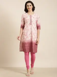 SHOWOFF Printed Round Neck Three Quarter Sleeves Thread Work Floral Kurta