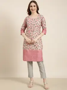 SHOWOFF Round Neck Three Quarter Sleeves Floral Printed Thread Work Kurta