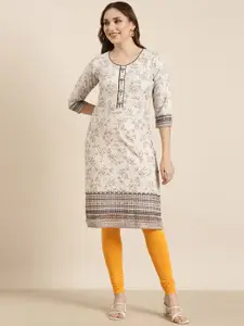 SHOWOFF Round Neck Three Quarter Sleeves Thread Work Floral Cotton Kurta