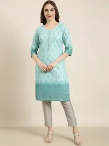 SHOWOFF Floral Woven Design Thread Work Cotton Floral A-Line Kurta