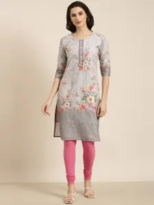 SHOWOFF Floral Printed Thread Work Round Neck Straight Kurta