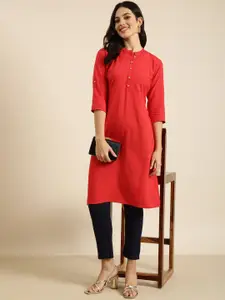 SHOWOFF Mandarin Collar Three Quarter Sleeves Cotton Straight Kurta