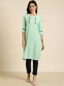 SHOWOFF Floral Embroidered Sequinned Cotton Straight Kurta