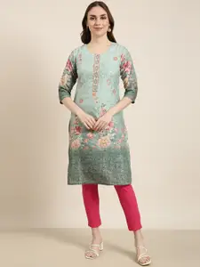 SHOWOFF Floral Printed Round Neck Sequinned Cotton Floral Kurta