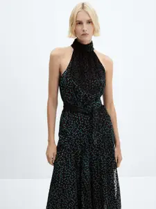 MANGO High Neck Velvet A-Line Midi Dress