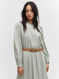 MANGO Puff Sleeves Cut Out Detail Pure Cotton A-Line Midi Dress