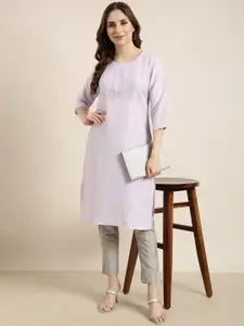 SHOWOFF Round Neck Thread Work Pastels Cotton Kurta