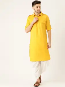 ATRAENTA Shirt Collar Roll-Up Sleeves Cotton Pathani Kurta