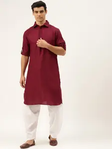 ATRAENTA Cotton Curved Shirt Collar Roll-Up Sleeves Pathani Kurta