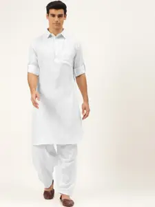 ATRAENTA Cotton Curved Shirt Collar Roll-Up Sleeves Pathani Kurta