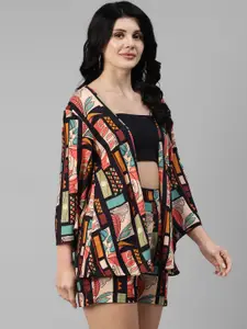 DEEBACO Botanical-Printed Open-Front Shrug With High-Rise Shorts Co-Ords
