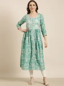 SHOWOFF Geometric Printed Flared Sleeves Thread Work Floral Kurta