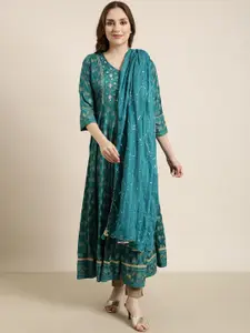 SHOWOFF Ethnic Motifs Printed V-Neck Mirror Work A-Line Kurta With Dupatta
