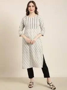 SHOWOFF Floral Printed Mirror Work Cotton Straight Kurta