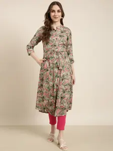 SHOWOFF Floral Printed Mandarin Collar Roll-Up Sleeves A-Line Kurta