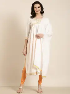 SHOWOFF Striped Chikankari Floral Cotton Kurta With Dupatta