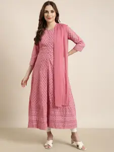 SHOWOFF Round Neck Ethnic Yoke Design Sequined Work Pastels Georgette Kurta