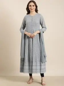 SHOWOFF Geometric Printed Sequinned Panelled Georgette Straight Kurta Set