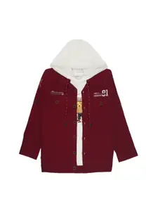 CAVIO Boys Colourblocked Hooded Neck Lightweight Cotton Denim Jacket With T-Shirt