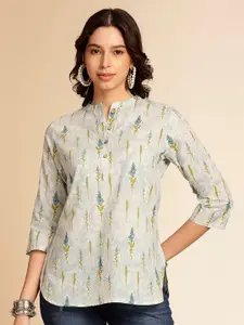 Anouk Off White Botanical Printed Mandarin Collar Pure Cotton Short Kurti