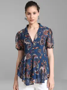 TOOCHKI Lapel Collar Paisley Print Ethnic Georgette High-Low Top