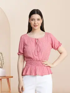 TOOCHKI Polka Dots Print Tie-Up Neck Cinched Waist Top