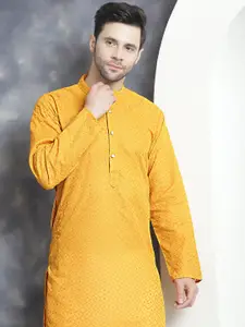 Anouk Mustard Yellow Geometric Embroidered Thread Work Cotton Straight Kurta