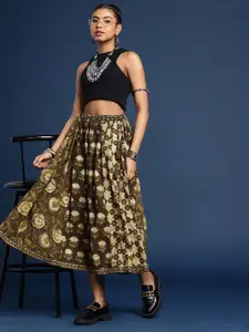 Taavi Women Pure Cotton Floral Printed Bagru Flared Midi Skirt