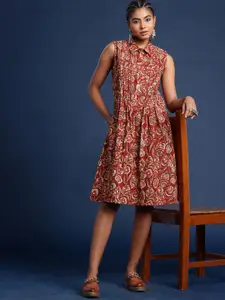 Taavi Floral Printed Shirt Collar Pure Cotton Bagru A-Line Dress