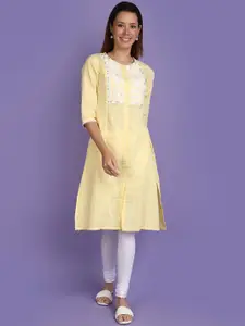 V-Mart Floral Yoke Designed Round Neck Mirror Work Cotton Straight Kurta